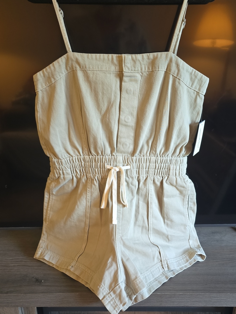 Beige Drawstring One-Piece Romper